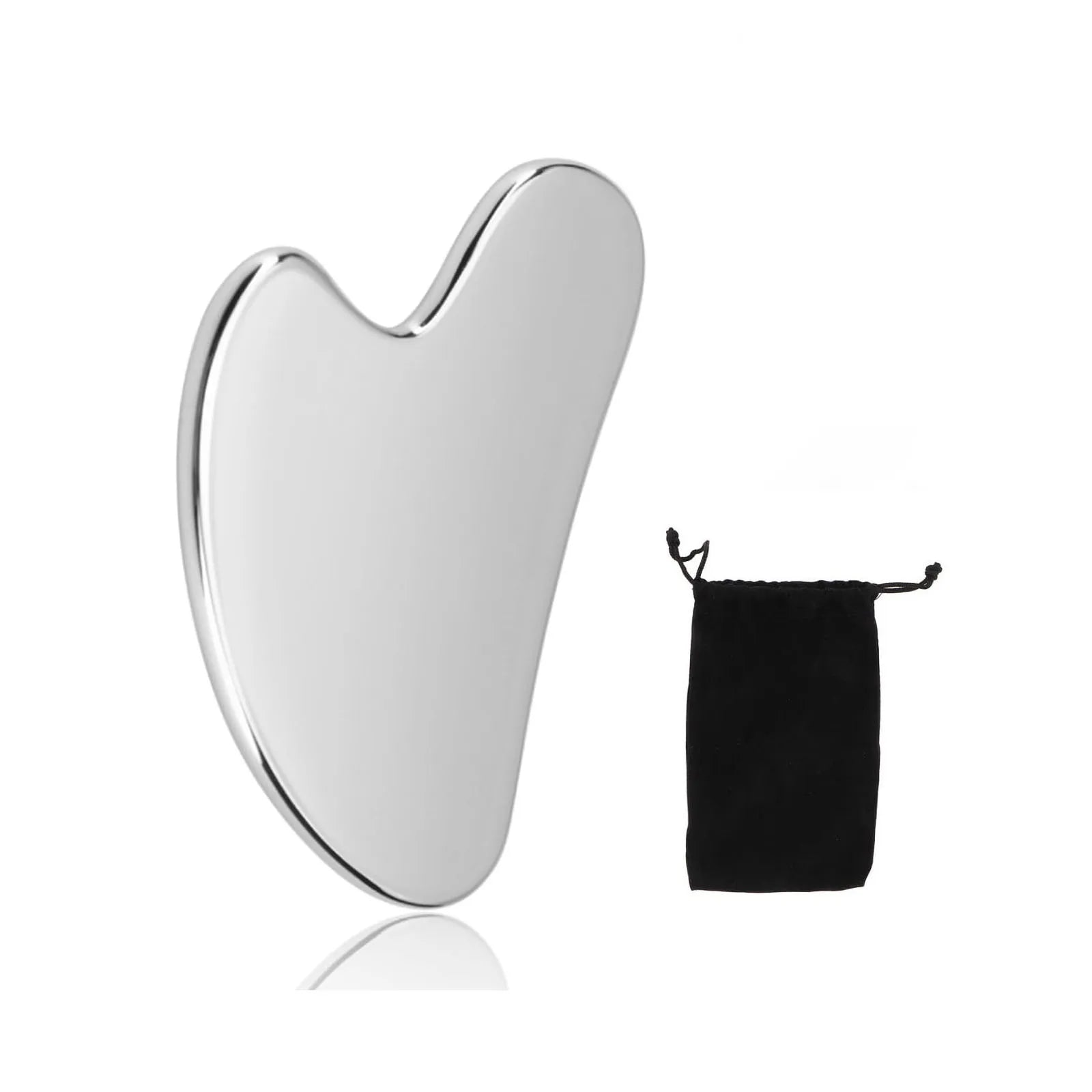 Silver Gua Sha tool with a black pouch on a white background