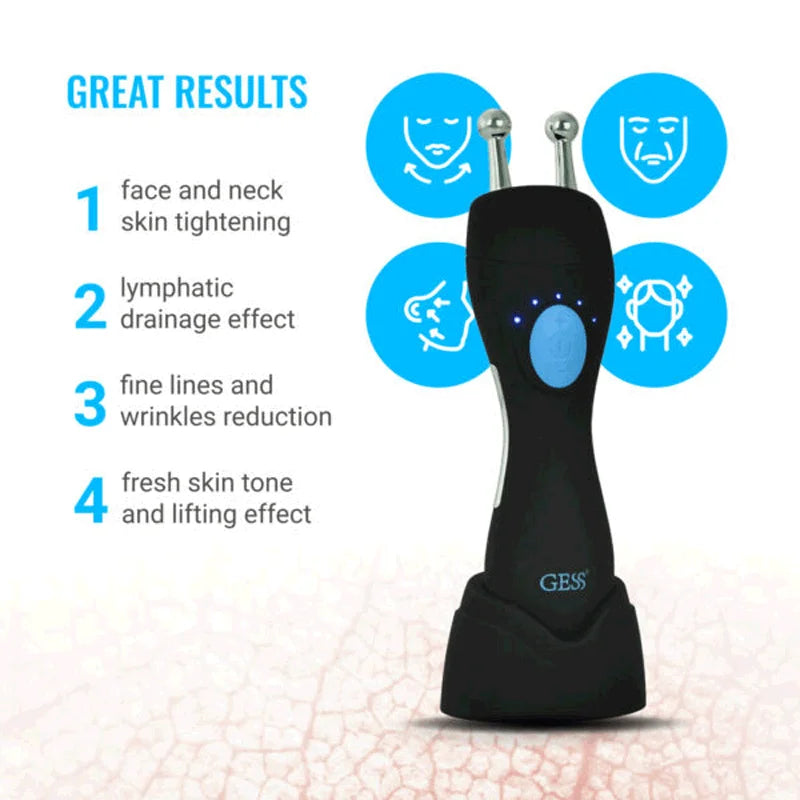 Black skin care device with blue icons and text on a white background