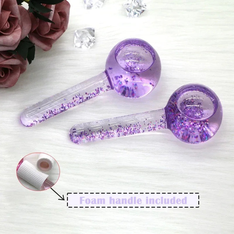 Purple crystal-like objects with a foam handle on a white background
