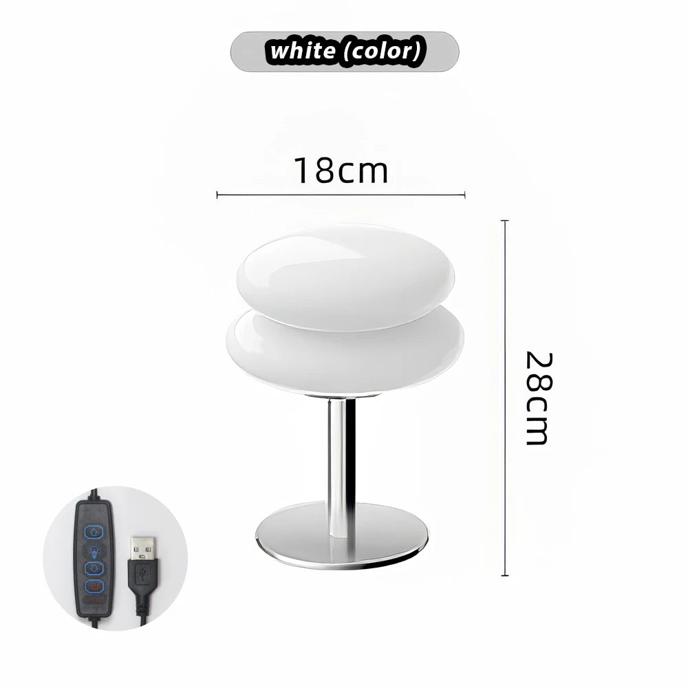 White lamp with dimensions and USB cable on a white background