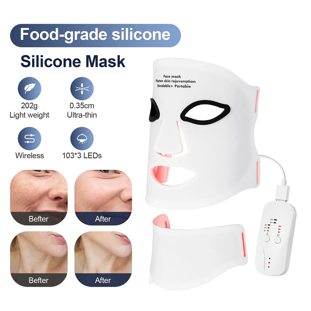 Silicone mask with LED lights and before-and-after effects on skin, labeled as food-grade silicone.