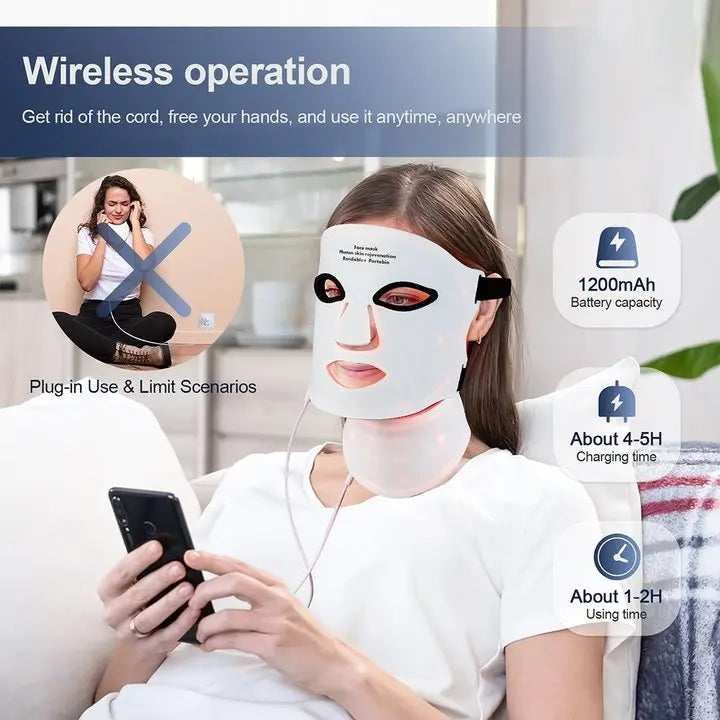 Woman using a wireless face mask with charging and operation details displayed.