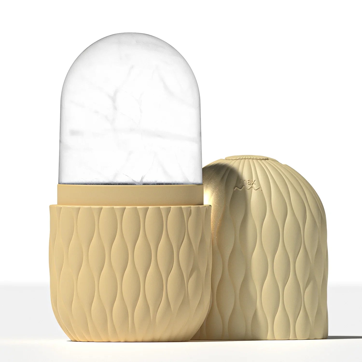 Beige textured lice roller with a clear glass shade on a white background